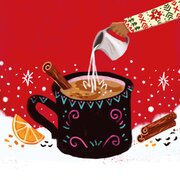 Illustration mit schwarzer Tasse auf rot weißem Hintergrund und Zimtstangen, Orangenspalte sowie Eingießkännchen. | © SONNENTOR