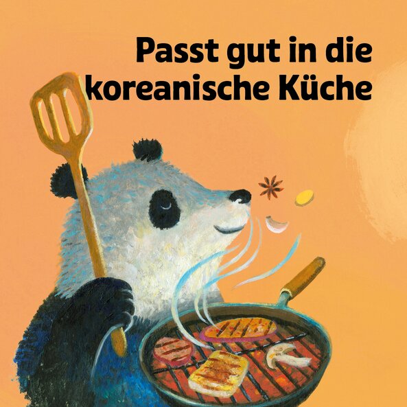 Illustration eines Pandabären mit Grillpfanne, Grillgut und Pfannenwender auf hellorangem Hintergrund mit dem Schriftzug: "Passt gut in die koreanische Küche".