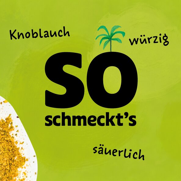 Illustration vom Easy Goreng Gewürz lose auf hellgrünem Hintergrund mit dem Schriftzug: "so schmeckts Knoblauch , würzig, säuerlich".